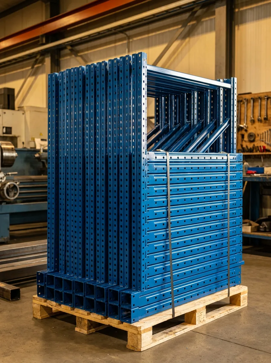 Montantes azules de estantería rack recién fabricados, apilados en el taller de Permar