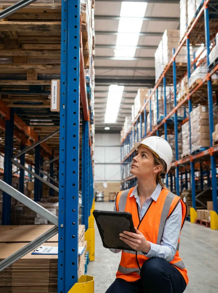 Técnico inspeccionando una estantería rack industrial con tablet