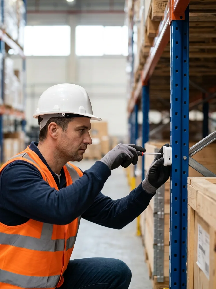 Técnico de Permar instalando un sensor SafeRack en un montante de rack industrial