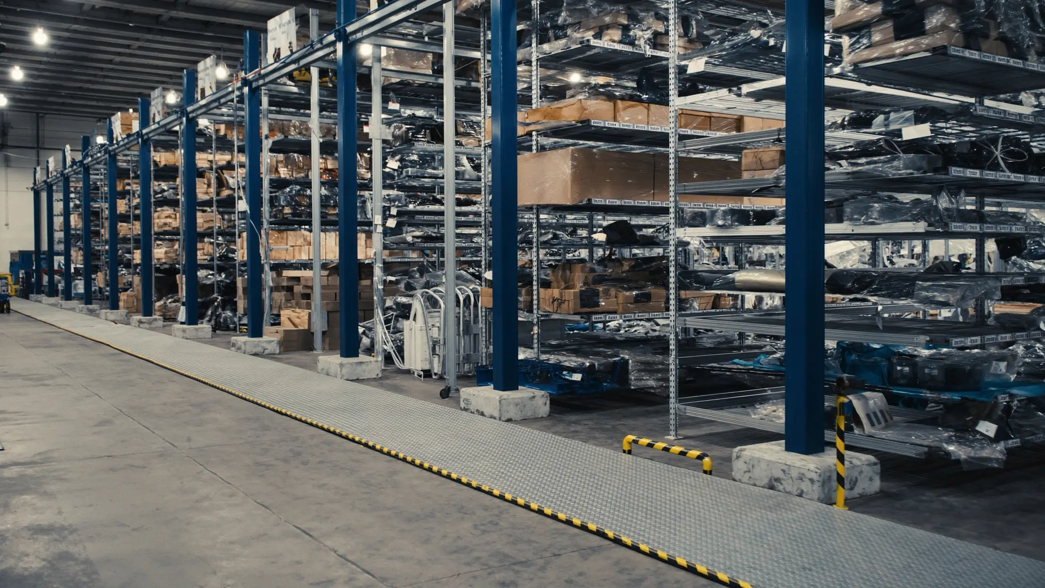 Racks industriales pesados con componentes metálicos en una fábrica